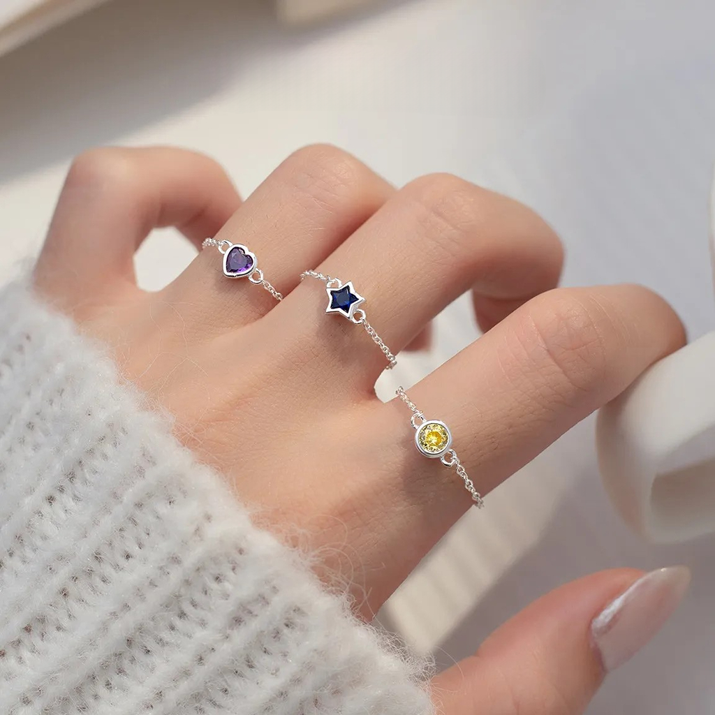 Mia Sterling Silver Link Chain Colorful Stars Heart Ring